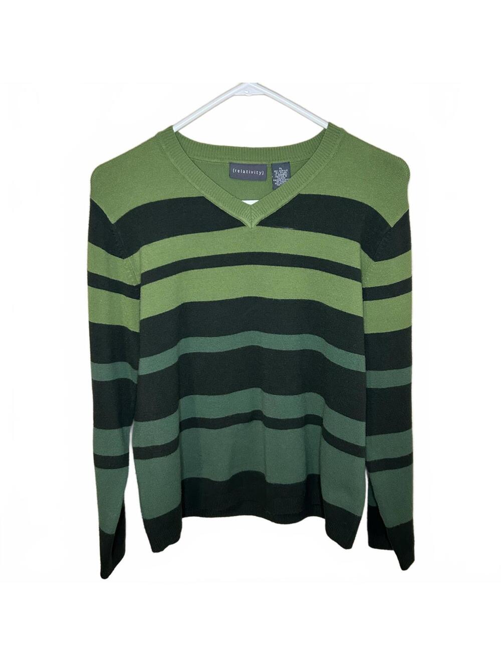 Preppy Green Striped Fisherman Sweater V-neck Long Sleeve Size XL